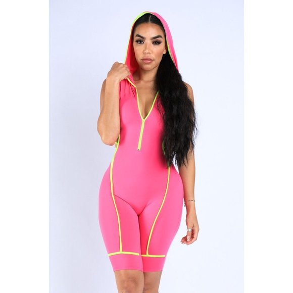 Women's Sleeveless Semi Zip-Up Spaghetti Line Hoodie Romper S M L Fuchsia - Picture 4 of 12